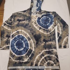 Luukse Sweater Womans Large Khaki Green Tie Dye Hoodie Tunic Lace Up Boho NEW